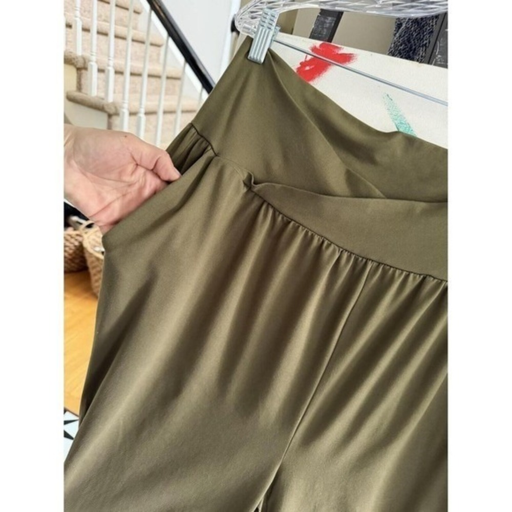 Tarse Wide Leg Culotte Pants Crossover Waist Olive Green 2XL - Picture 3 of 5